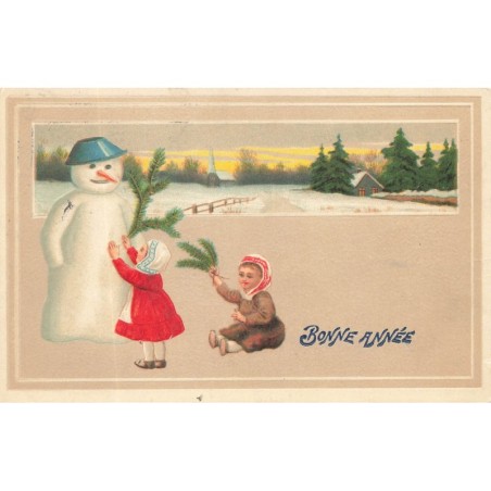 n°30279 - Nouvel An - Bonne Année - Fillettes décorant un bonhomme de neige
