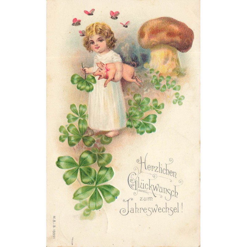 n°30281 - Carte Gaufrée - Nouvel An - MSIB 13555 - Fillette portant un cochon - Champignon