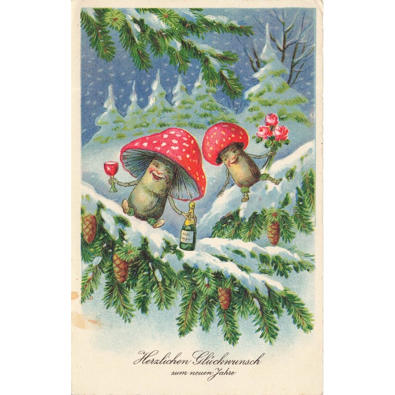 n°30285 - Carte Gaufrée - Nouvel An - Style Baumgarten - Champignons humanisés trinquant