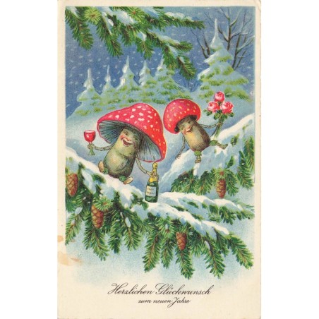 n°30285 - Carte Gaufrée - Nouvel An - Style Baumgarten - Champignons humanisés trinquant