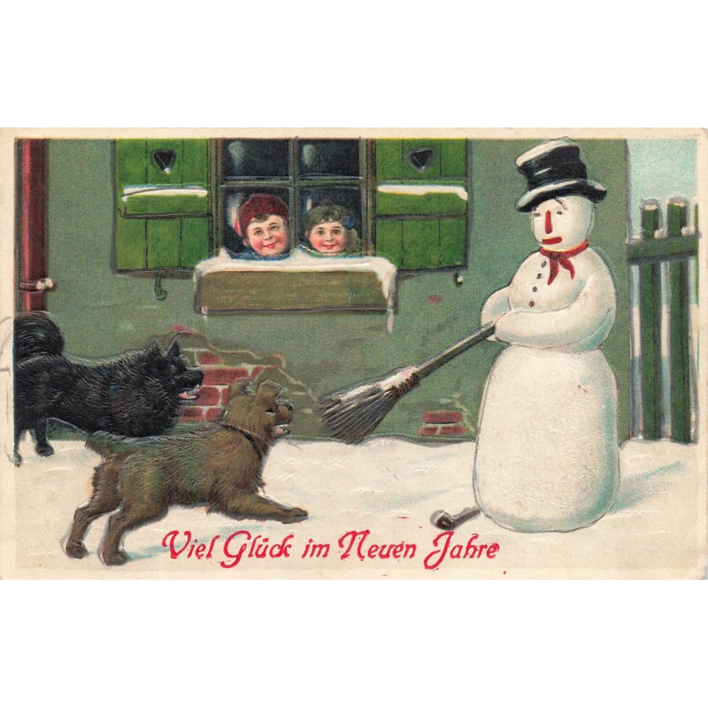 n°30286 - Carte Gaufrée - Nouvel An - Bonhomme de neige se protégeant de deux chiens