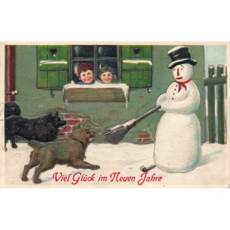 n°30286 - Carte Gaufrée - Nouvel An - Bonhomme de neige se protégeant de deux chiens