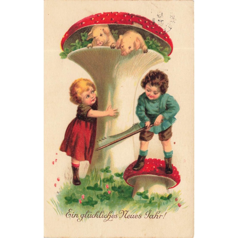 n°30287 - Nouvel An - Enfants coupant un champignon, où se cachent des cochons