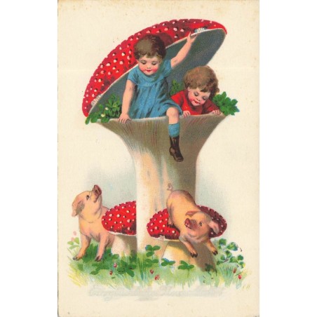n°30288 - Nouvel An - Enfants sortant d'un champignon, cochons