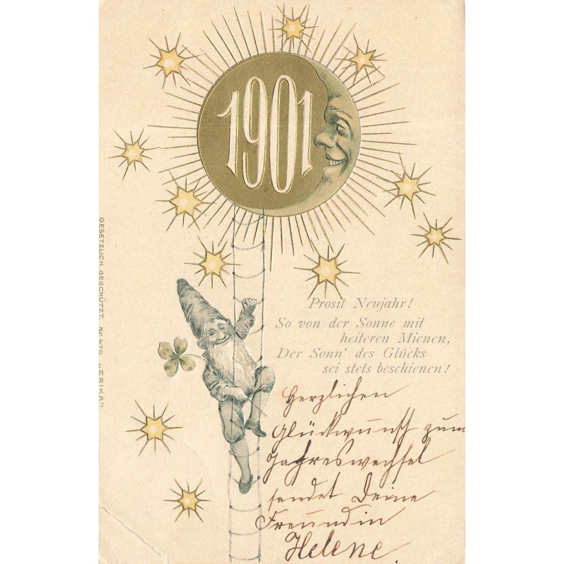 n°30296 - Carte Gaufrée - Nouvel An - Prosit Neujahr 1901 - Lutin et lune humanisée