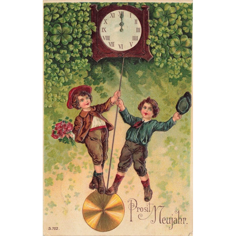 n°30298 - Carte Gaufrée - Prosit Neujahr - Garçons sur le balancier d'une pendule
