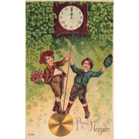 n°30298 - Carte Gaufrée - Prosit Neujahr - Garçons sur le balancier d'une pendule