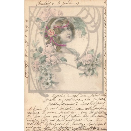 n°30305 - Illustrateur - Jeune femme au milieu d'un décor art nouveau , avec des roses