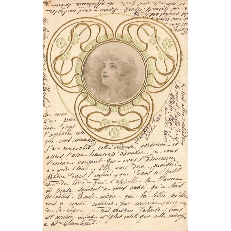 n°30309 - Carte Gaufrée - Fantaisie - Portrait d'une femme souriante dans un médaillon - Art Nouveau