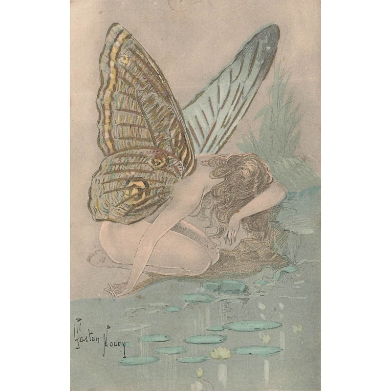 n°30311 - Illustrateur Gaston Noury - Jeune femme nue portant des ailes de papillon pleurant - Fée