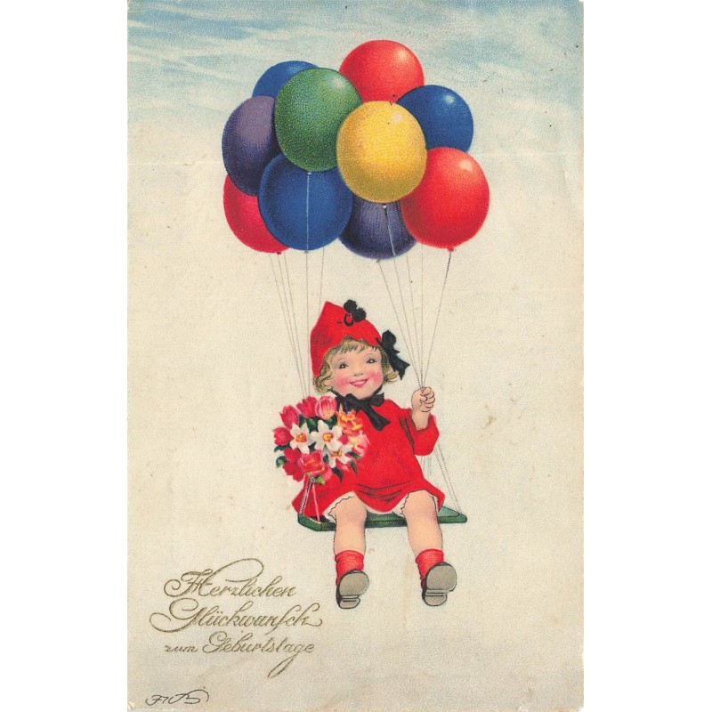 n°30312 - Illustrateur F. Baumgarten - Fillette assise sur une balançoire tenue par des ballons