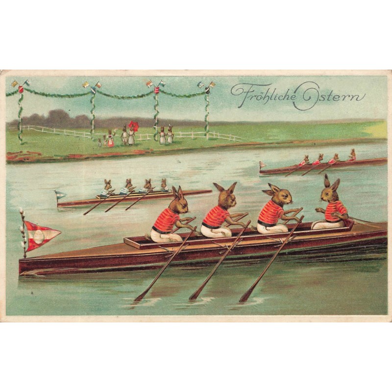 n°30315 - Carte Gaufrée - Fröhliche Ostern - Lièvres humanisés lors d'un concours d'aviron