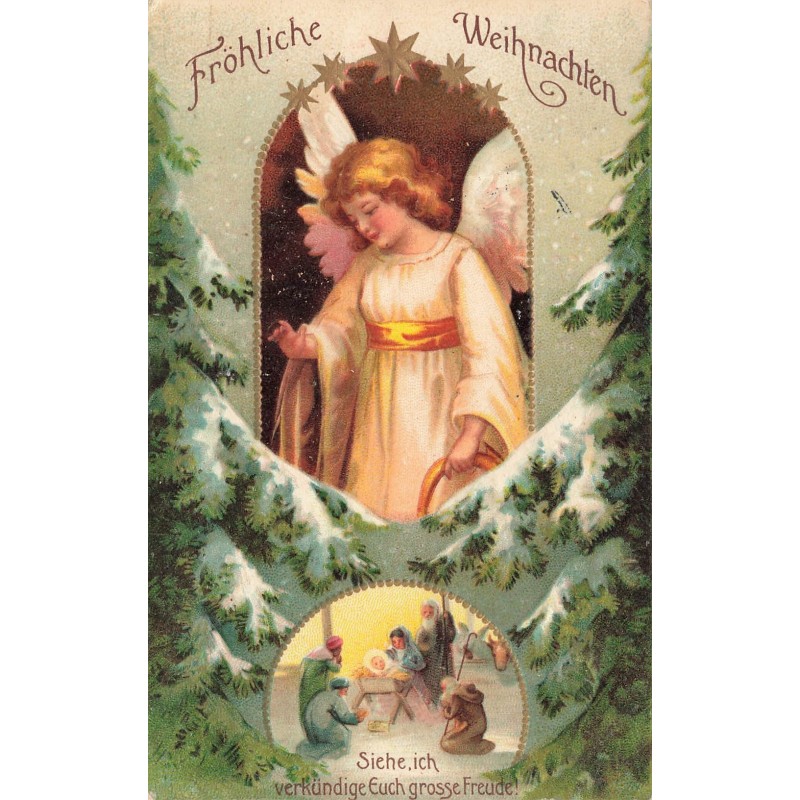n°30319 - Clapsaddle - Fröhliche Weihnachten - Anges veillant sur une scène de nativité