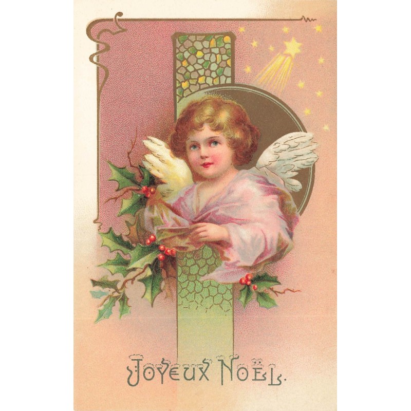 n°30321 - Clapsaddle - Joyeux Noël - Ange dans un médaillon tenant du houx