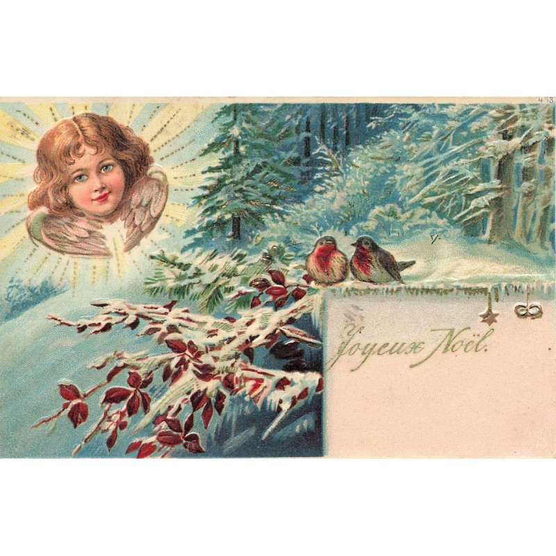 n°30322 - Carte Gaufrée - Joyeux Noël - Ange regardant des rouge-gorges sur une branche enneigée