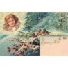 n°30322 - Carte Gaufrée - Joyeux Noël - Ange regardant des rouge-gorges sur une branche enneigée
