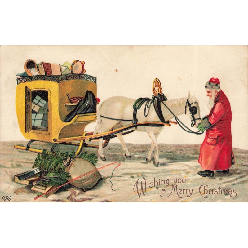 n°30326 - Carte Gaufrée - Wishing you a Merry Christmas - Père Noël s'occupant du cheval de son traîneau