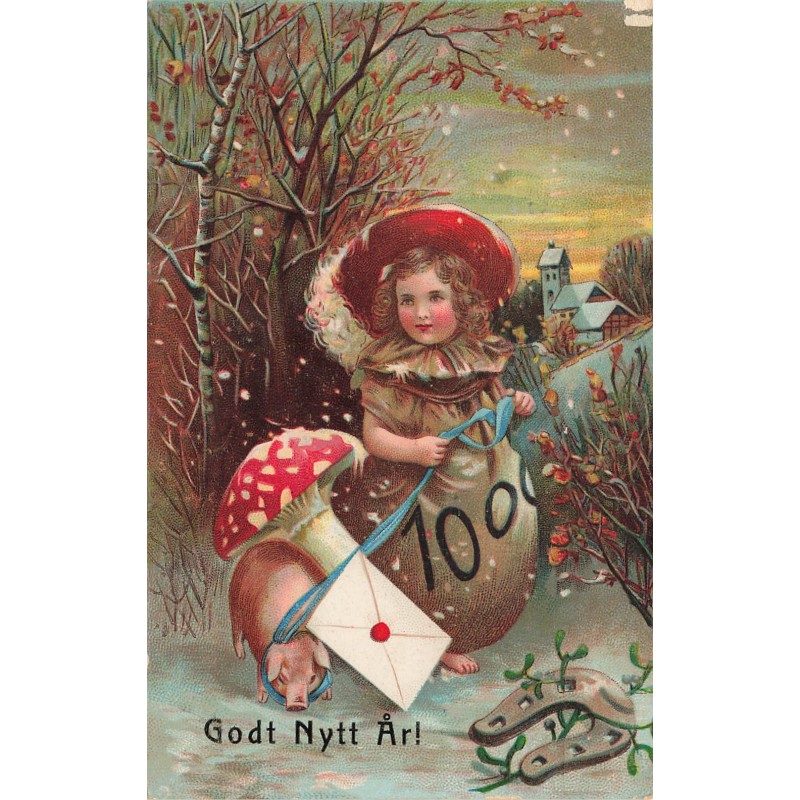 n°30332 - Godt Nytt Ar - Fillette sous la neige, entourée de porte-bonheur - Cochon, Fer à Cheval