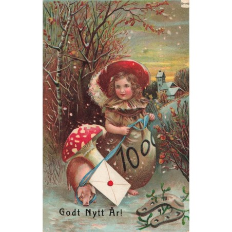n°30332 - Godt Nytt Ar - Fillette sous la neige, entourée de porte-bonheur - Cochon, Fer à Cheval