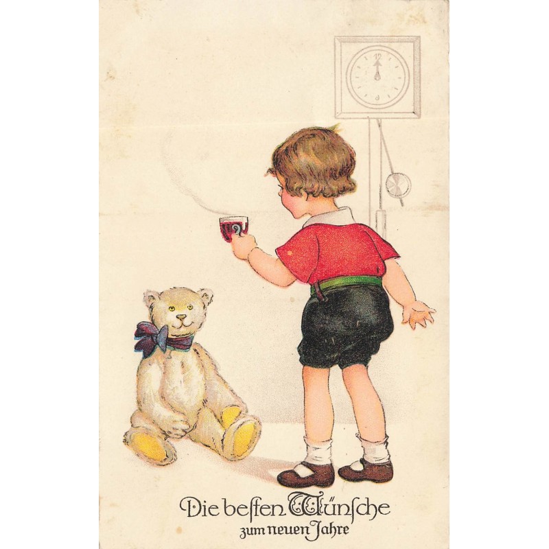 n°30334 - Nouvel An - Enfant apportant une tasse de café à son ours en peluche - Teddy Bear -Style Baumgarten