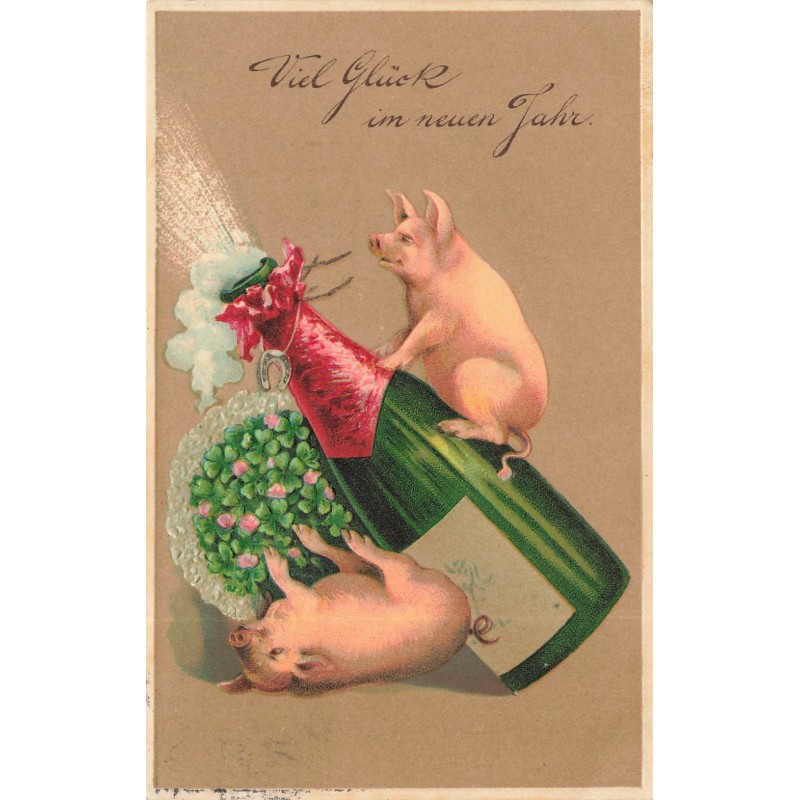 n°30336 - Carte Gaufrée - Viel Glück im Neuen Jahr - Cochons débouchant une bouteille de champagne