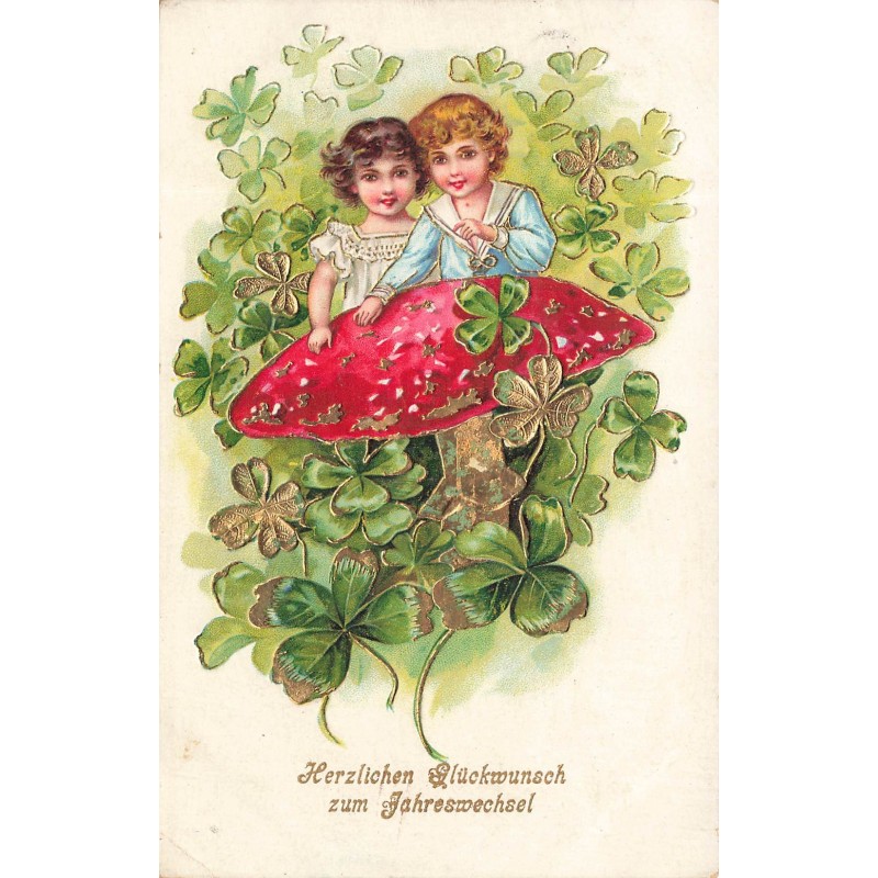 n°30338 - Carte Gaufrée - Nouvel An - Enfants près d'un champignon, entourés de trèfles