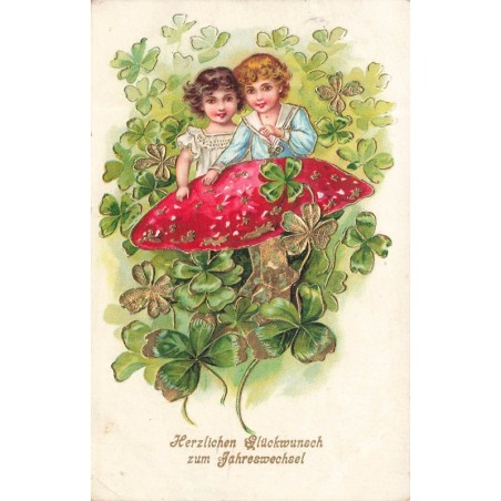 n°30338 - Carte Gaufrée - Nouvel An - Enfants près d'un champignon, entourés de trèfles