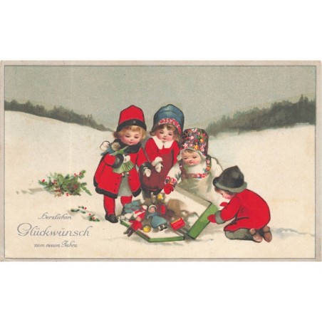 n°30339 - Nouvel An - Fillettes dans la neige, ouvrant une valise remplie de jouets