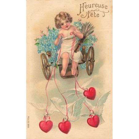n°30341 - Carte Gaufrée - MSIB 13616 - Heureuse Fête - Cupidon dans une charette remplie de myosotis