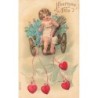 n°30341 - Carte Gaufrée - MSIB 13616 - Heureuse Fête - Cupidon dans une charette remplie de myosotis