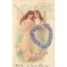 n°30343 - Carte Gaufrée - MSIB 13589 - Deux Anges Gardiens, l'une portant un coeur en violettes