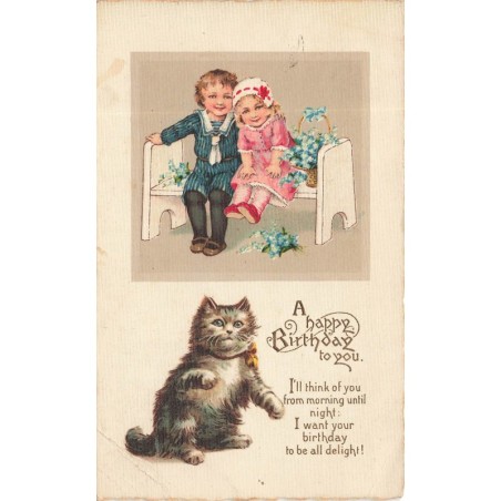 n°30349 - Fantaisie - Couple d'enfant assis sur un banc - Un chat angora - Style Flatscher