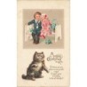 n°30349 - Fantaisie - Couple d'enfant assis sur un banc - Un chat angora - Style Flatscher