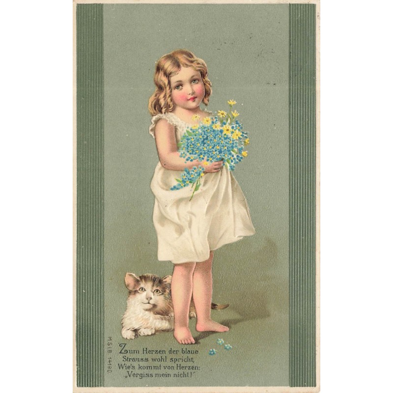 n°30350 - Carte Gaufrée - MSIB 14190 - Un chat au pied d'une fillette tenant un bouquet de fleurs