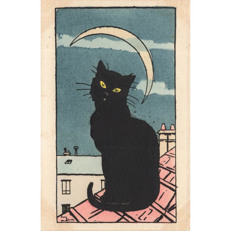 n°30356 - Illustrateur Harry Eliott - Un chat noir sur un toit, sous un croissant de lune