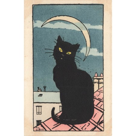 n°30356 - Illustrateur Harry Eliott - Un chat noir sur un toit, sous un croissant de lune