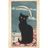 n°30356 - Illustrateur Harry Eliott - Un chat noir sur un toit, sous un croissant de lune