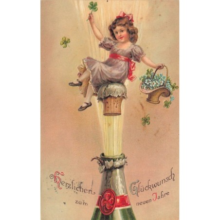 n°30363 - Carte Gauffrée - Nouvel An - Fillette assise sur le bouchon d'une bouteille de champagne