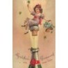 n°30363 - Carte Gauffrée - Nouvel An - Fillette assise sur le bouchon d'une bouteille de champagne