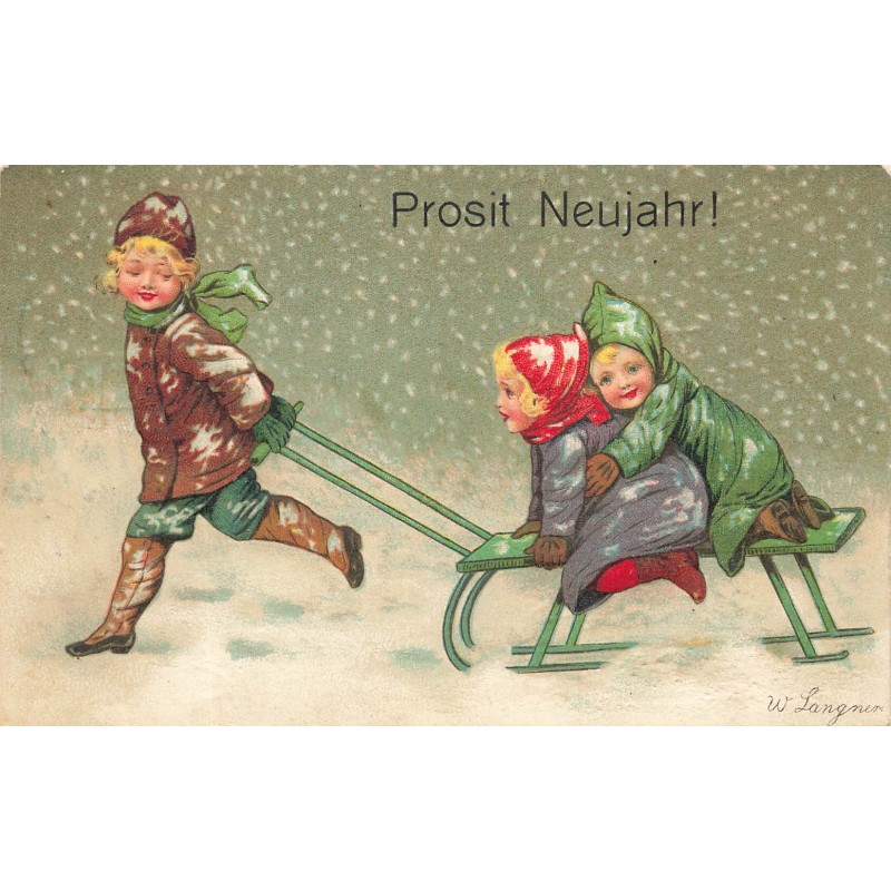 n°30364 - Carte Gaufrée - W. Langner - Prosit Neujahr ! - Fillettes sur une luge sous la neige