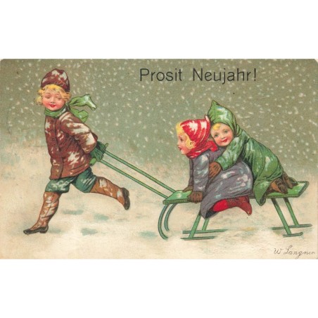 n°30364 - Carte Gaufrée - W. Langner - Prosit Neujahr ! - Fillettes sur une luge sous la neige