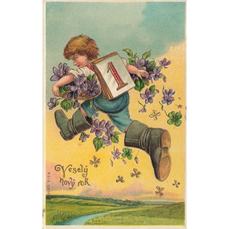n°30365 - Carte Gaufrée - MSIB 13938 - Nouvel An - Garçon marchant avec des bottes de 7 lieues, lançant des violettes
