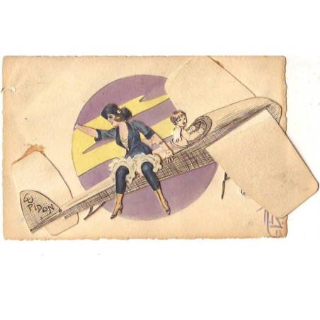 n°13837 - Collage - Ange pilotant un avion, avec une jeune femme assise sur l'avion