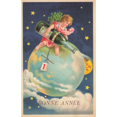n°30369 - Bonne Année - Ange assis sur un globe tenant une bouteille de champagne