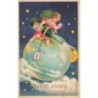 n°30369 - Bonne Année - Ange assis sur un globe tenant une bouteille de champagne