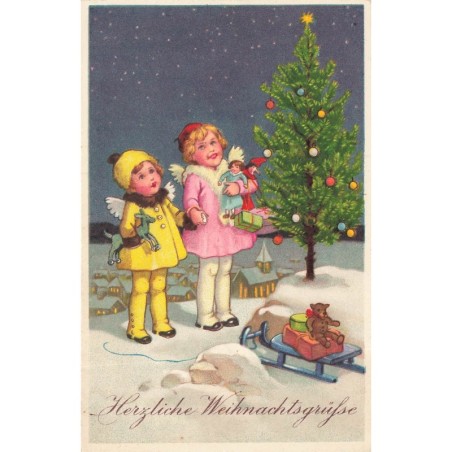 n°30372 - Noël  - Fillettes portant des jouets admirant un sapin - Ours en peluche (Teddy Bear)