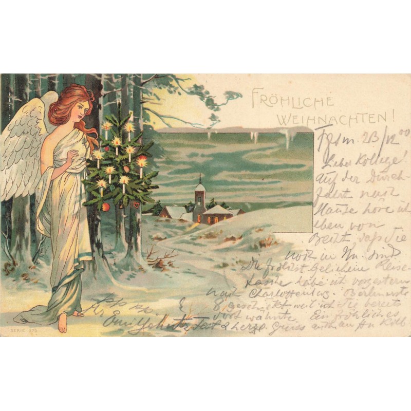 n°30373 - Noël - Fröhliche Weihnachten - Ange gardien apportant un sapin pour un village enneigé
