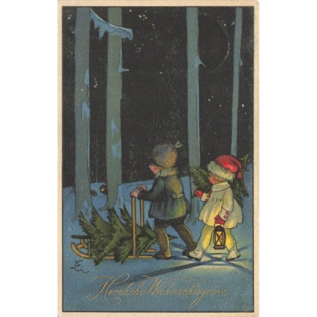 n°30374 - Li- Herzliche Weihnachstgrüsse - Enfants dans la nuit, avec un sapin sur une luge