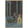 n°30374 - Li- Herzliche Weihnachstgrüsse - Enfants dans la nuit, avec un sapin sur une luge
