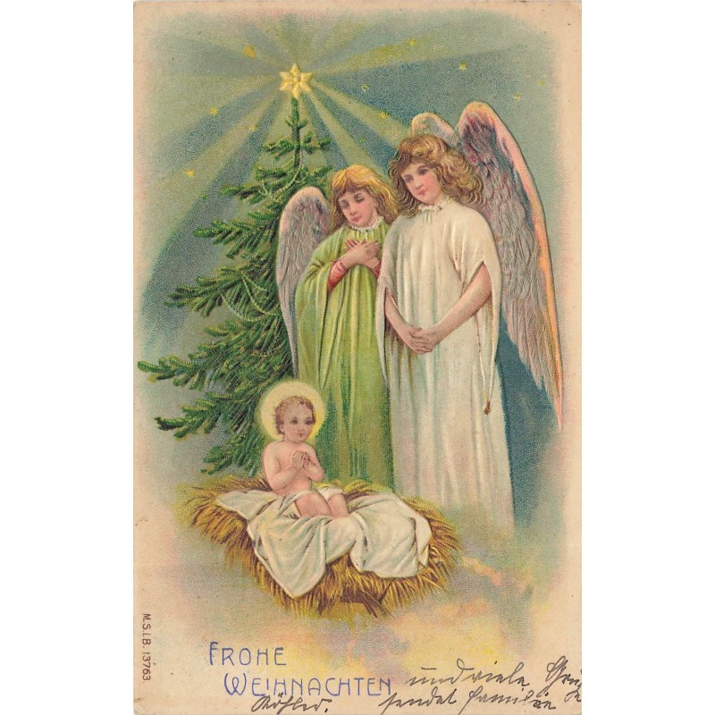 n°30376 - Carte Gaufrée - MSIB 13763 - Fröhe Weihnachten - Anges gardien veillant sur un bébé